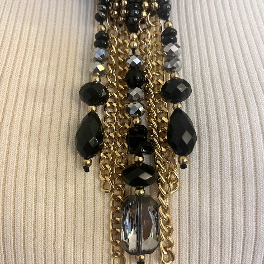 Black & Gold Chunky Chain Statement Necklace / Fringe Bib - Picture 7 of 9